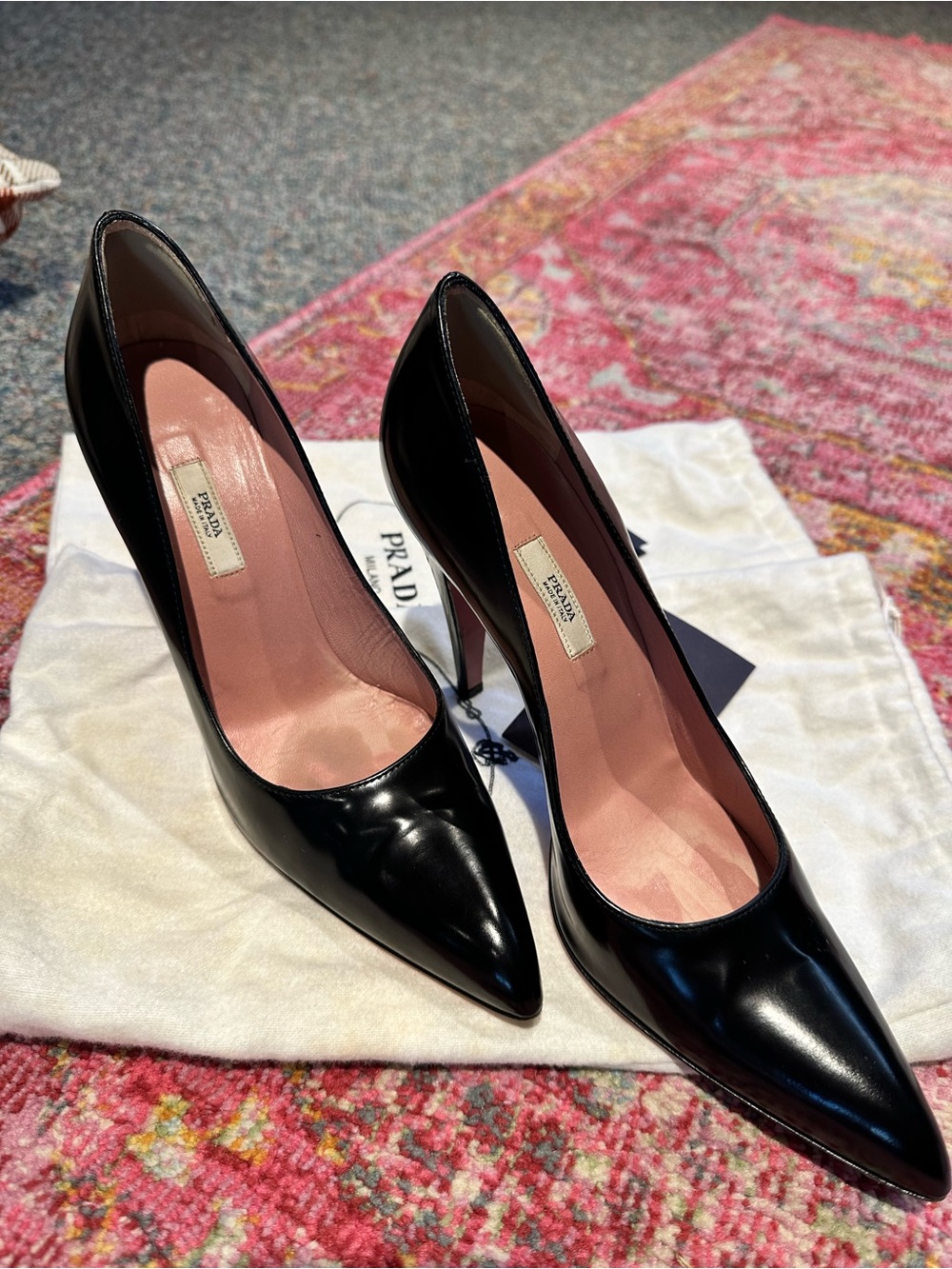 Prada Black Patent Leather Pointed Pumps with Pink Lining